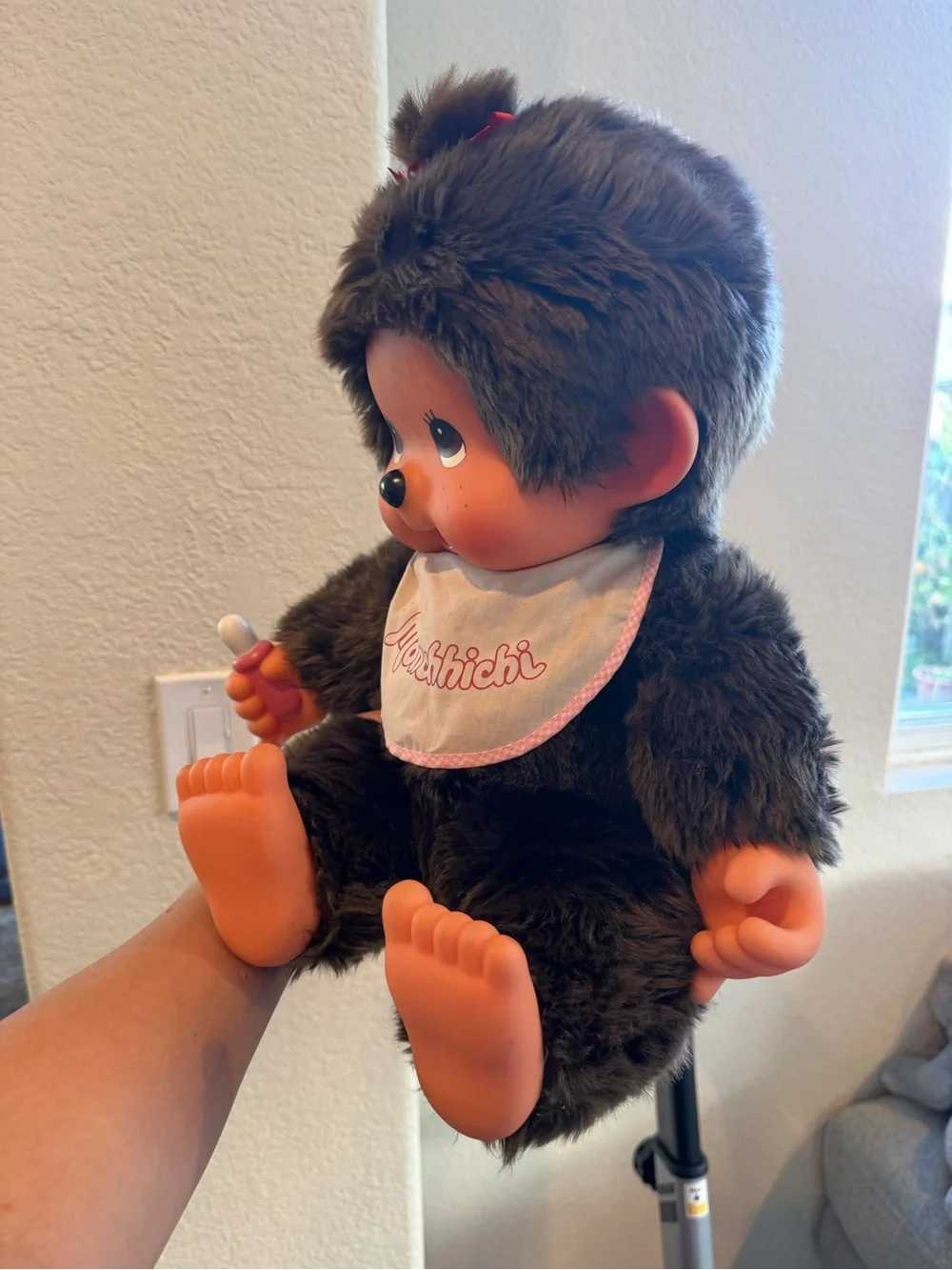 Large vintage Monchhichi girl doll in sitting position